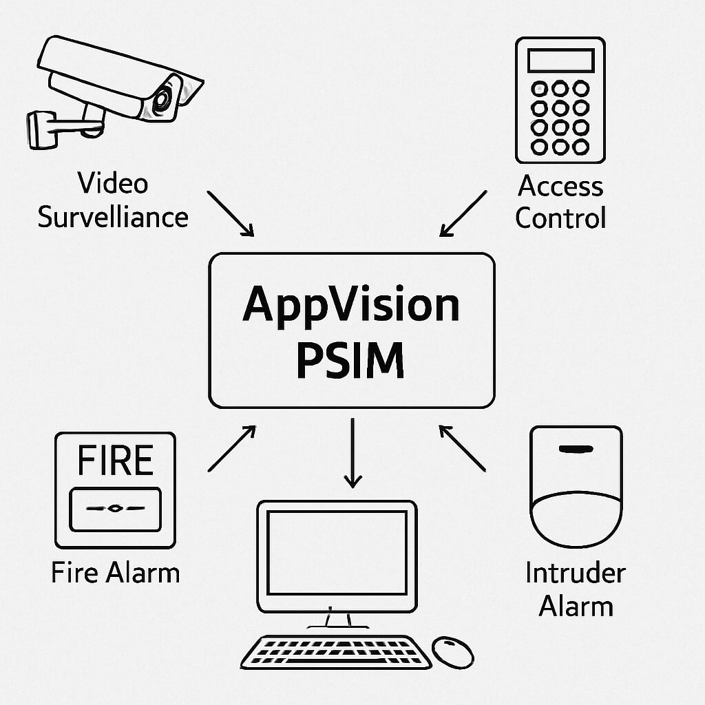 Diagramă a AppVision PSIM care integrează mai multe dispozitive de securitate